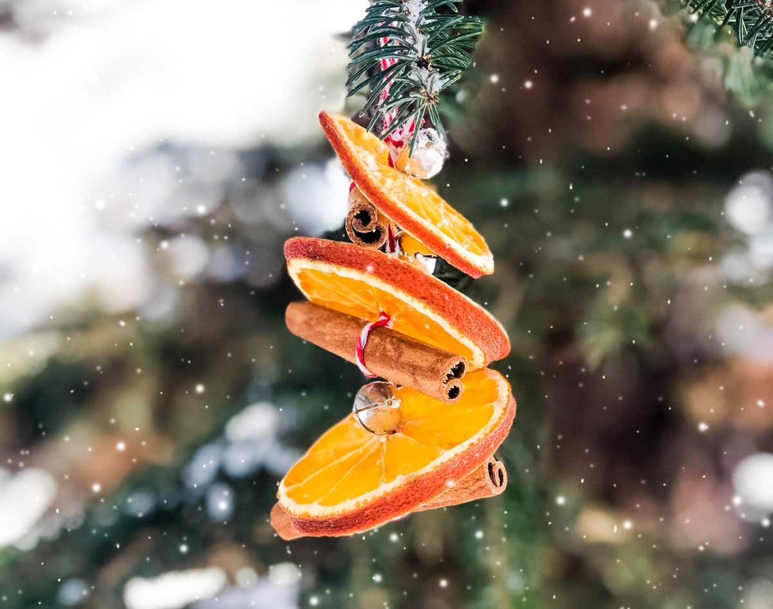 Brad impodobit cu felii de portocale uscate si batoane de scortisoara
