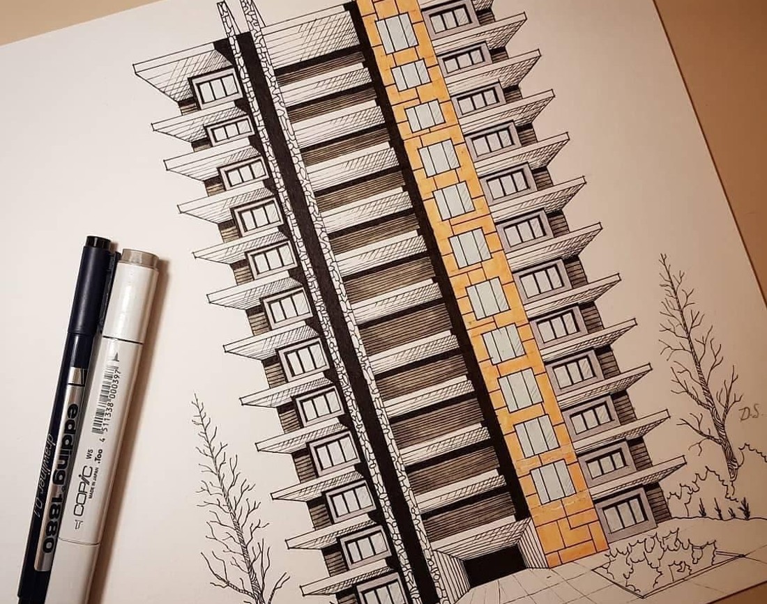 Schita unui bloc realizata de mana