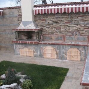 Set Mobilier Gradina Family, Traditional (Gratar Mediu, Carbune/Lemn, Masa, Lavoar) - piatra poligonala, caramida
