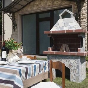 Gratar Gradina Traditional Mediu (Carbune/Lemn, 120x70x210 cm, piatra naturala Rhodos, caramida)